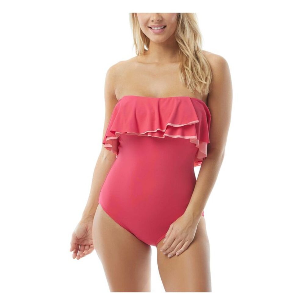 NWT CONTOURS Women's Pink Ruffled Flounce One Piece Swimsuit 10 34C